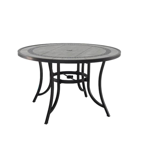 Mondawe Dark Bronze 48 in. W Classic Pattern Tile Round Cast Aluminum Outdoor Dining Table with Umbrella Hole for Porch