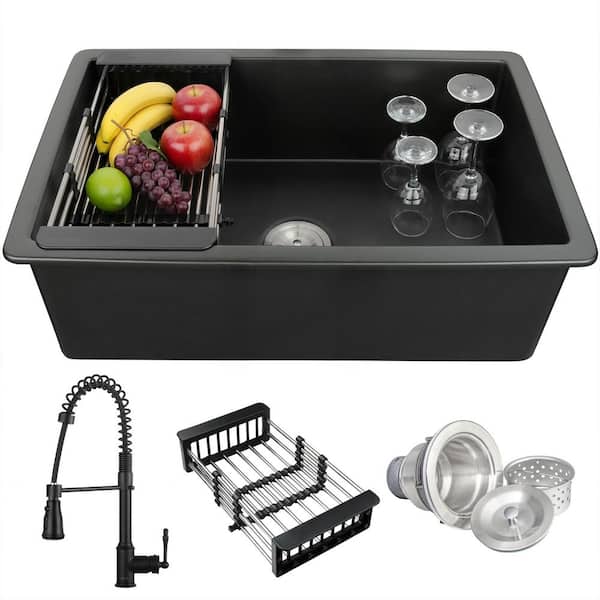 KS 32 in. Undermount Single Bowl Black Fireclay Kitchen Sink with Faucets and Basket Strainer
