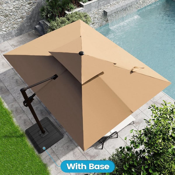 11 ft. x 9 ft. Aluminum Patio Cantilever Umbrella in Tan Brown with 360° Rotation and 4-Piece 240 lbs. HDPE Base