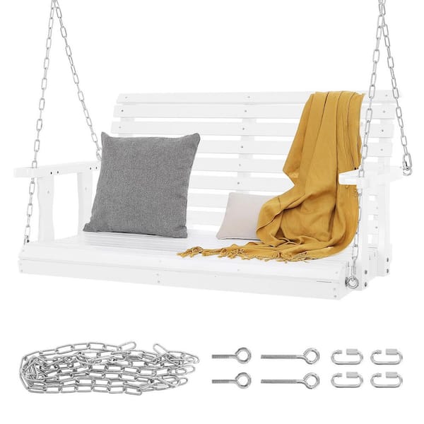 4 ft. Wooden Porch Swing-Heavy Duty Patio Bench for Courtyard & Garden, 880 lbs. Capacity, Hanging Chains, White