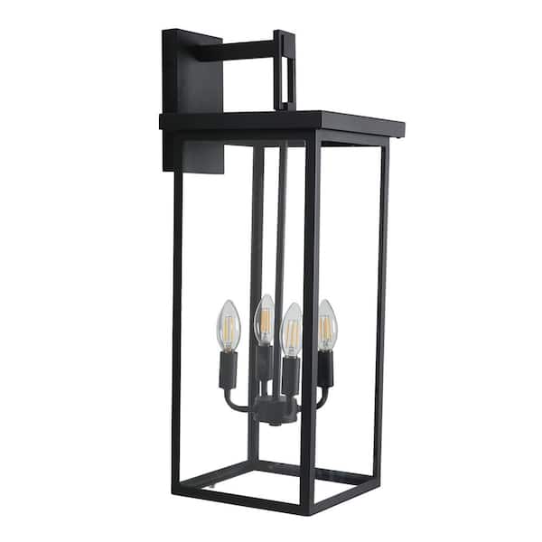 Unbranded Black 29.5 in. 4-Light Outdoor Hardwired Wall Lantern Sconce Outdoor Porch Wall Light Fixtures with Clear Frosted Glass
