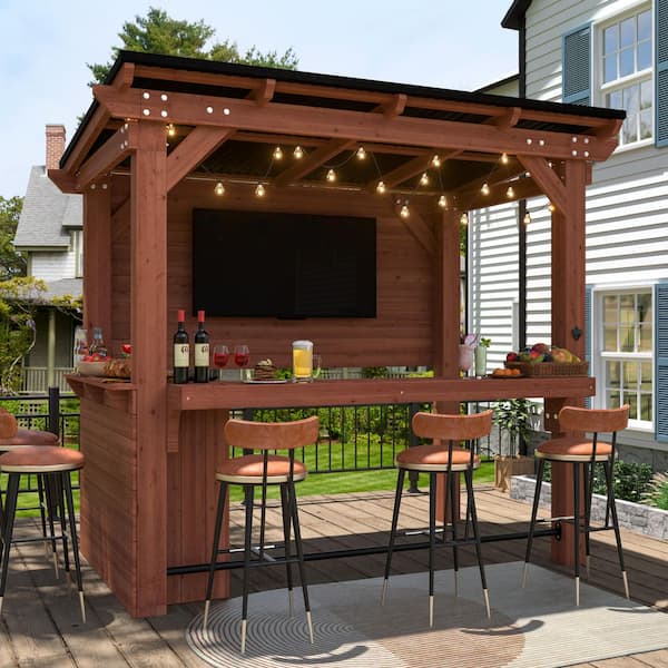 8.5 ft. x 6 ft. Fir Wood Outdoor Bar Gazebo Pergola with Metal Sloped Roof, Storage Cabinet and TV Mount
