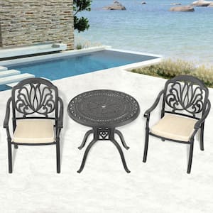 Elizabeth Black 3-Piece Cast Aluminum Outdoor Dining Set with 31.50 in. Round Table and Random Color Seat Cushions