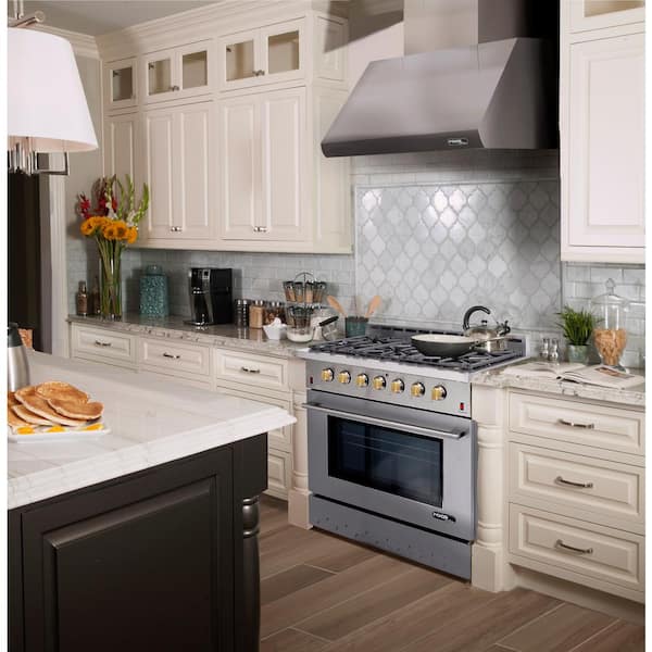Entree Bundle 36 in. 5.5 cu. ft. Pro-Style Liquid Propane Gas Range Convection Oven and Hood in Stainless Steel and Gold