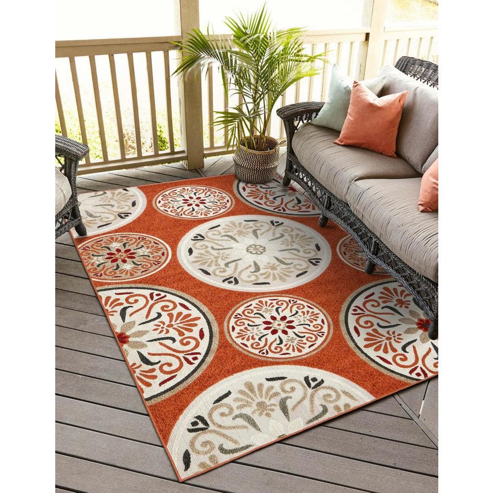 Terracotta and Beige Synthetic Rectangular Outdoor Area Rug