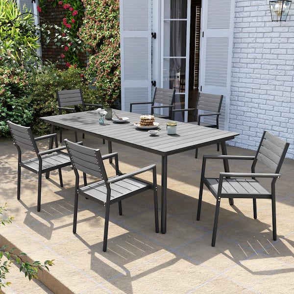7-Piece Metal Aluminum Outdoor Patio Dining Set in Gray with Umbrella Hole and Stackable Dining Arm Chairs