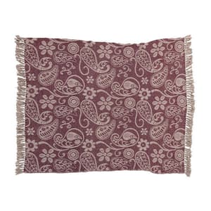 Purple and Natural Recycled Cotton Slub Printed Throw Blanket with Paisley Pattern and Tassels