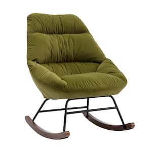Green Velvet Upholstered Padded Seat Rocking Chair with Swing Back and Rubberwood Leg