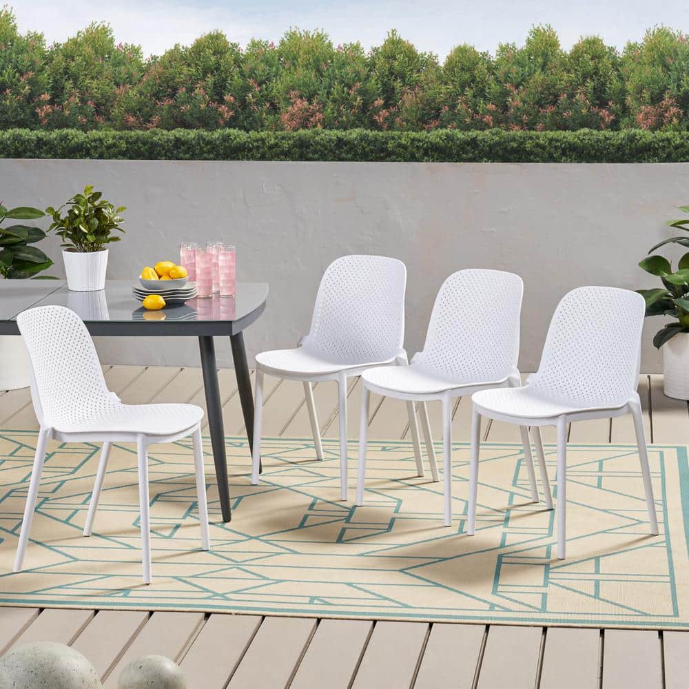 Modern Perforated White Polypropylene Outdoor Dining Chair Set of 4