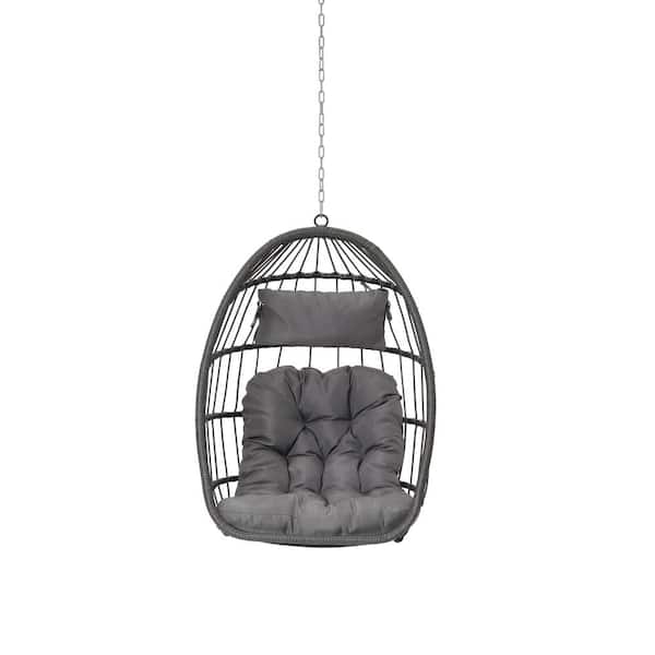 Flynama Outdoor 1-Person Garden Wood Rattan Patio Swing Chair with Light Gray Cushion