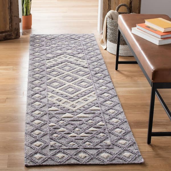 Natura 2 ft. x 8 ft. Cream/Purple Diamond Border Runner Rug