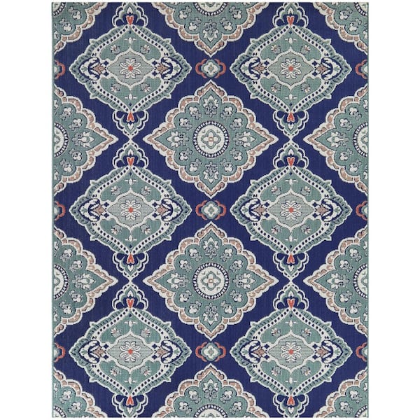 Oak Hill Teal 5 ft. x 7 ft. Medallion Indoor/Outdoor Area Rug