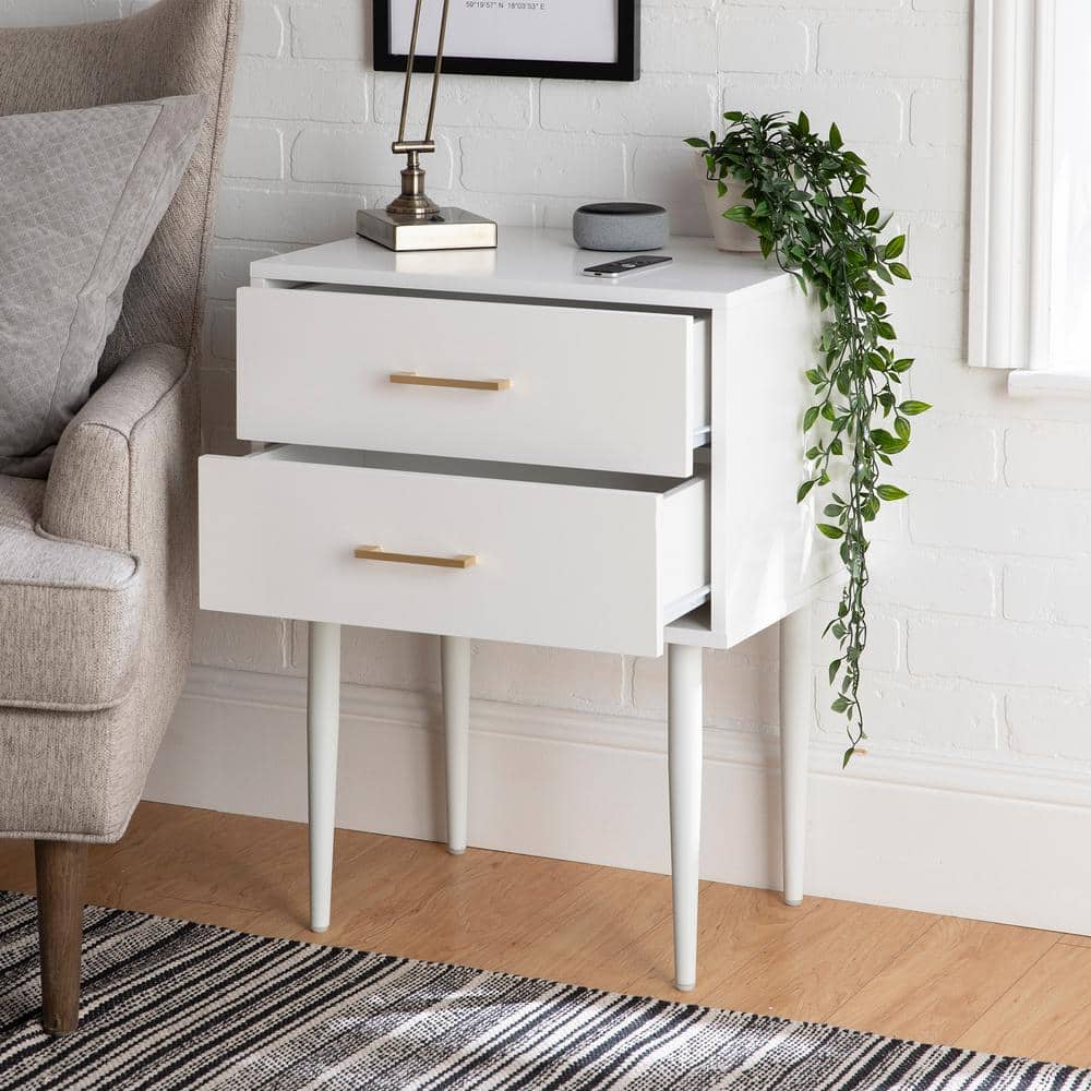 White Mid-Century Modern 2-Drawer Wood End Table