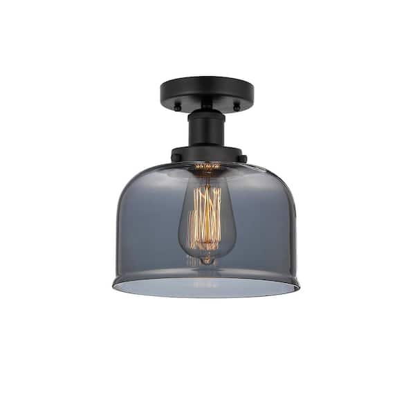 Innovations Bell 6.5 in. 1-Light Matte Black Industrial Semi-Flush Mount with Smoked Glass Shade