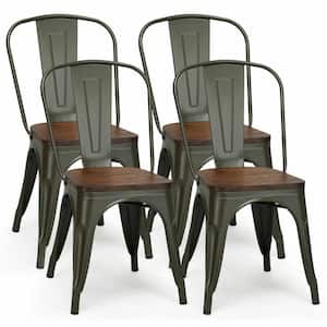 Set of 4, 18 Inch Height Metal Dining Chair Stackable with Wood Cushion in Bronze & Coffee