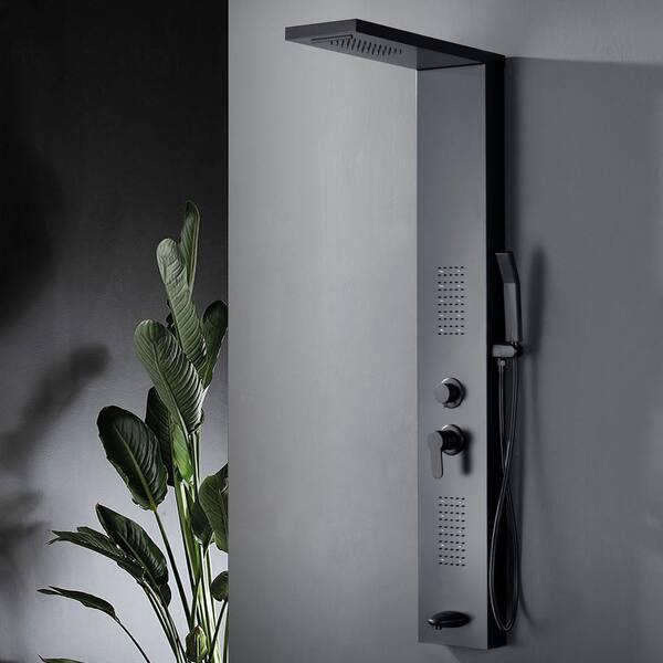 55 inch 3- Jet Stainless Steel Shower Panel System with Rainfall, Waterfall Shower Head, Tub Spout & Handheld Shower - Matte Black Finish