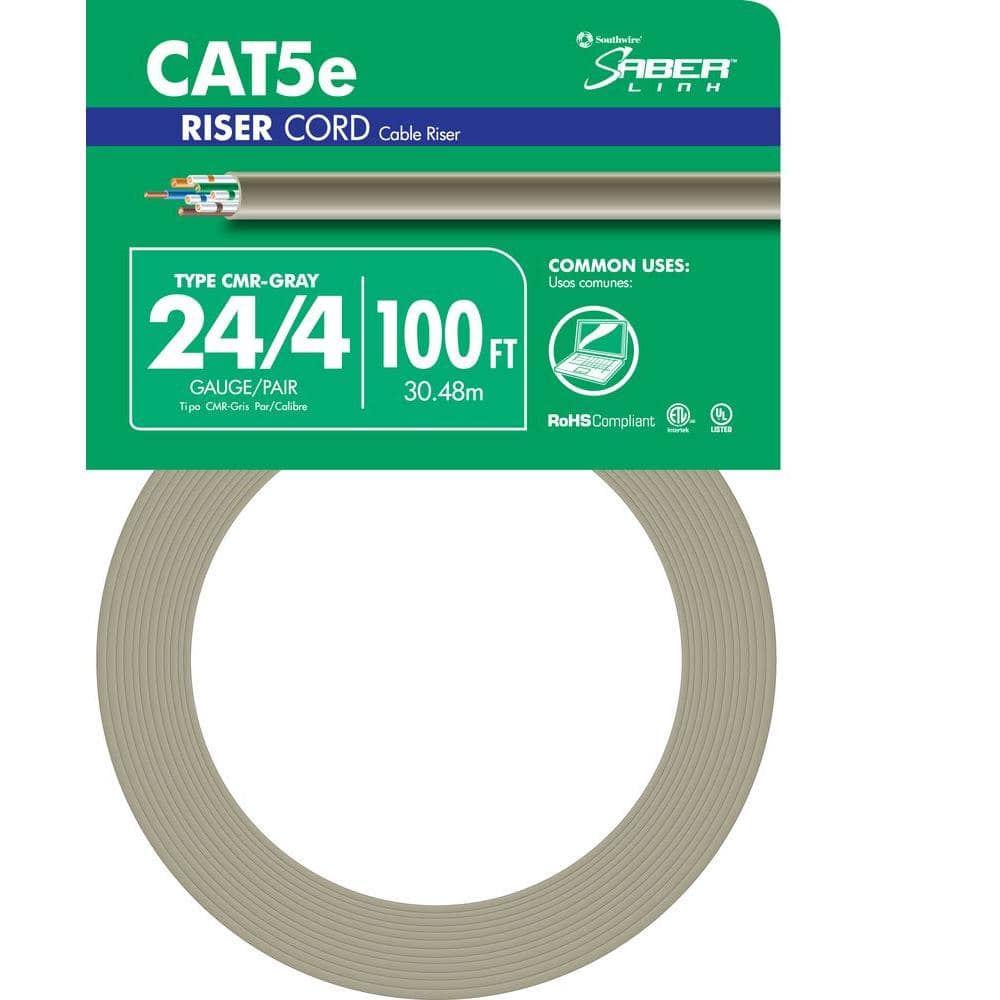 Southwire 100 ft. Gray 24/4 Solid CU CAT5e CMR (Riser) Data Cable 56917943  - The Home Depot