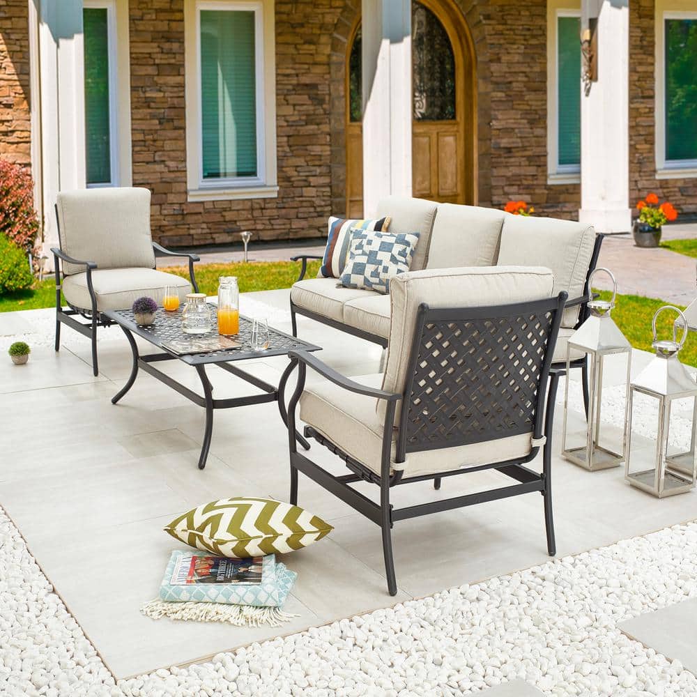 Beige Cushioned 5-Person Black Steel Patio Conversation Set
