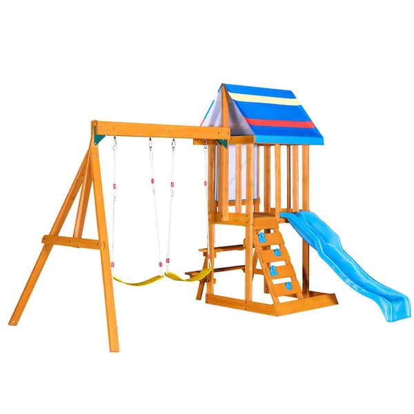 Blue Wooden Outdoor Swing Set-3 in 1 Children's Playset with Slide, 2-Swings and Climber
