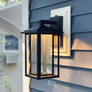 1-Light Black LED Outdoor Wall Lantern Sconce with Seeded Glass and Dusk to Dawn Sensor