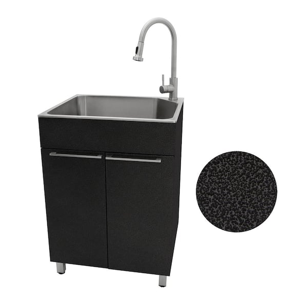 24 in. W x 10 in. D x 20 in. L Stainless Steel Laundry Sink with Faucet and Double Door Cabinet in Black