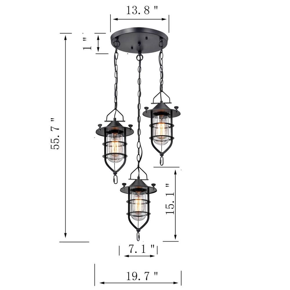 Modern Black and Brown 3-Light Chandelier with Glass Shades
