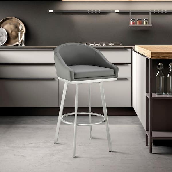 Armen Living Noran 385 In Greybrushed Stainless Steel 295 In Bar Stool With Faux Leather 4068