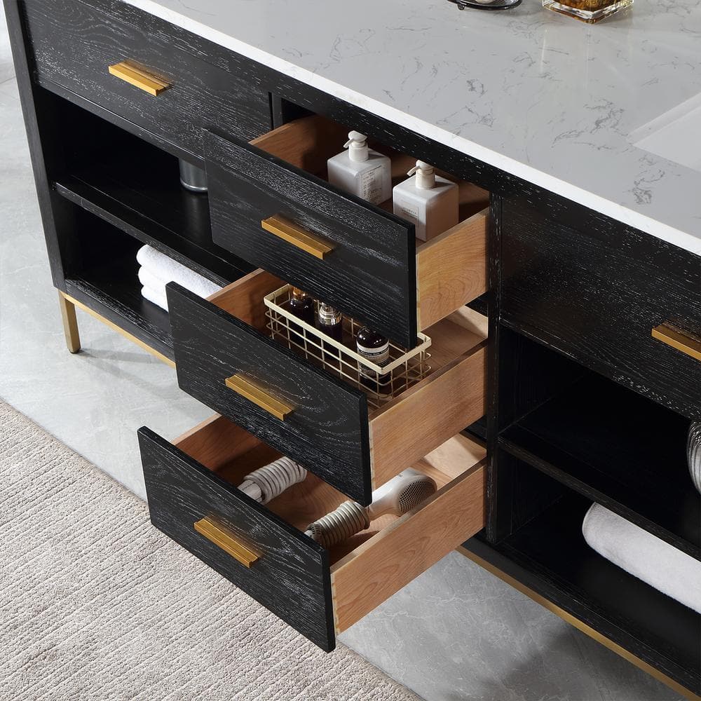 Kesia 72" Black Oak Double Vanity with White Stone Countertop
