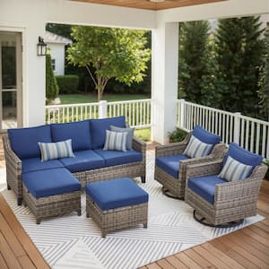 Nyajiah 5-Piece Wicker Patio Conversation Set with Blue Cushions