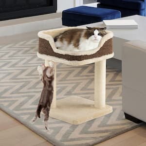Beige Wood Multi-Level Cat Climbing Tree with Scratching Posts and Large Plush Perch