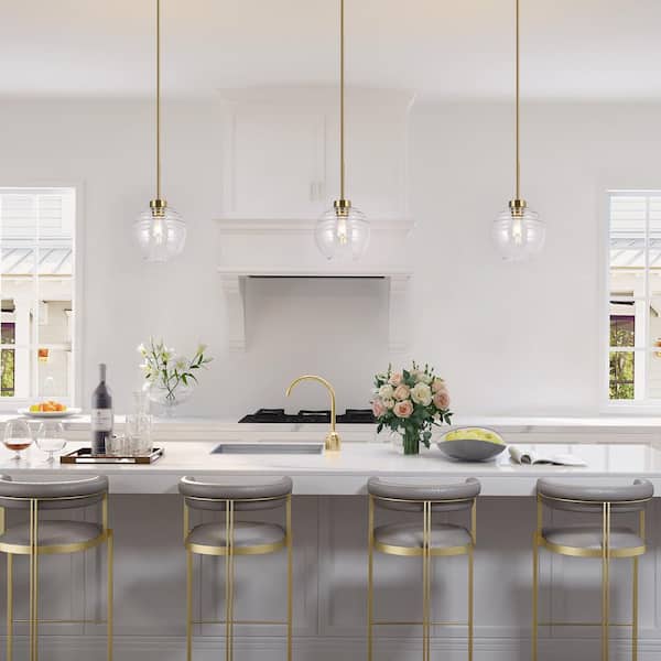 Modern Kitchen Island Pendant Light Bubble 1-Light Brass Gold Pendant Lighting with Clear Striped Glass Shade
