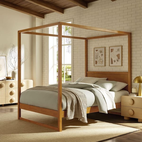 Alva Brown Wood Frame King Canopy Bed with 4-Post Canopy Bed