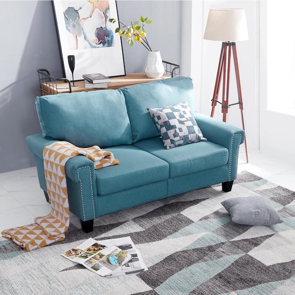 LOKATSE HOME 61 in. Turquoise Blue Polyester 2-Seater Loveseat with Removable Cushions