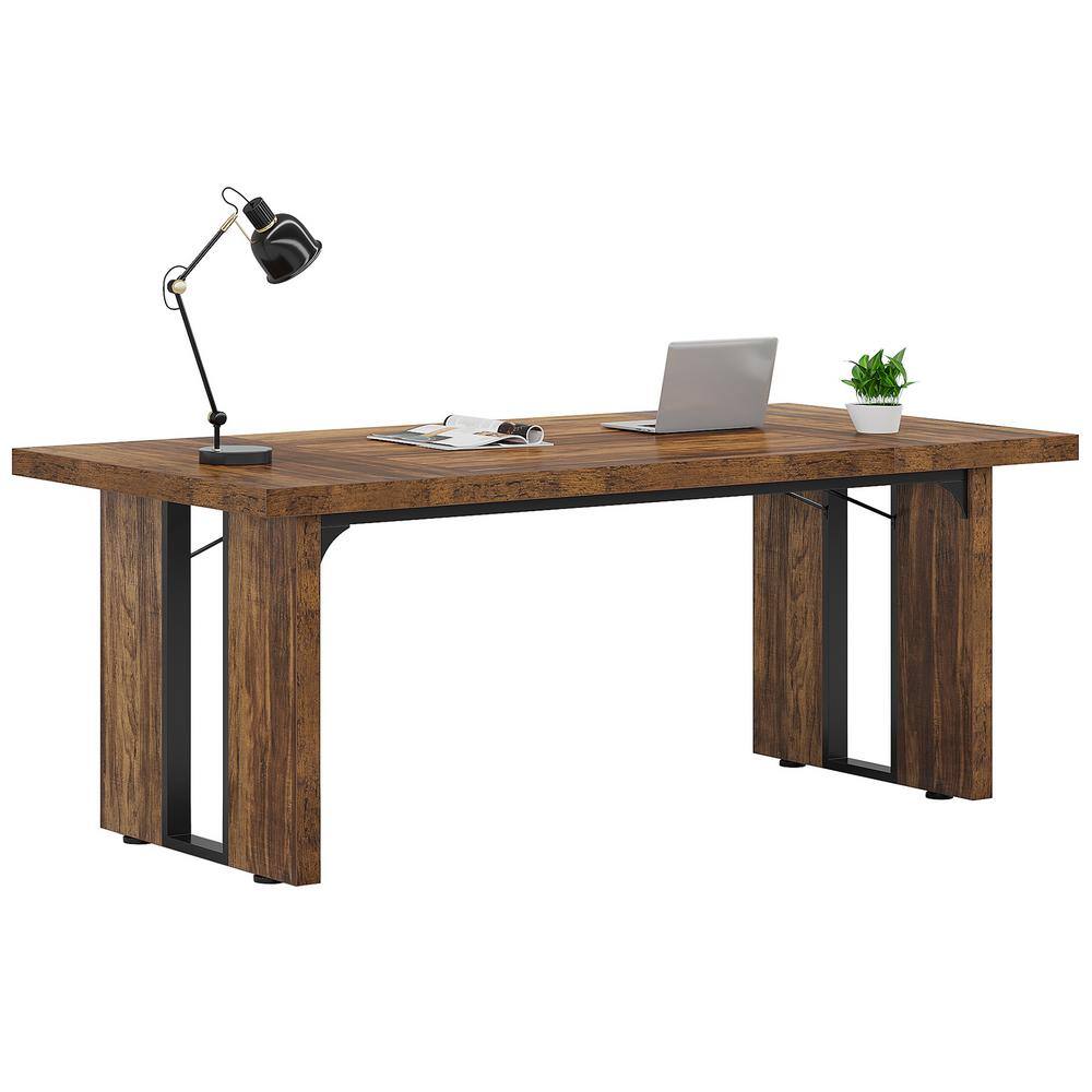 Havrvin 31.5 in. Rectangle Rustic Brown MDF Computer Desk with Metal Frame fixation, Modern Style for Home Office