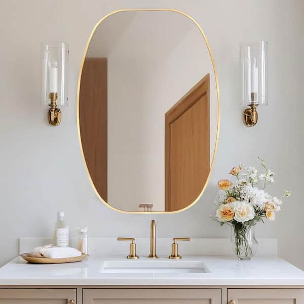 Sxiawe 24 in. W x 36 in. H Gold Oval Wall Mounted Aluminum Alloy Bathroom Mirror Decorative Mirror