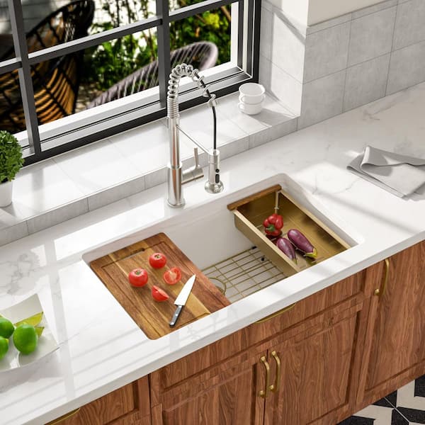 30 in.x 19 in.Undermount White Granite/Quartz Composite Single Bowl Workstation Kitchen Sink with Accessories