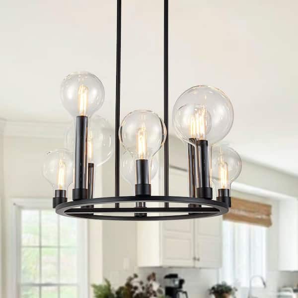 Y'INSP 8-Light Black Modern Farmhouse Wagon Wheel Balloon Chandelier Rustic Country Kitchen Island Light with Clear Glass Shade