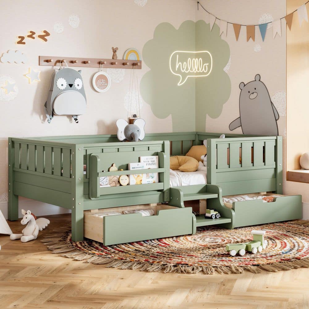 Green Pine Wood Frame Twin Platform Bed with Safety Rails, Built-in Bookshelves and Storage Drawers