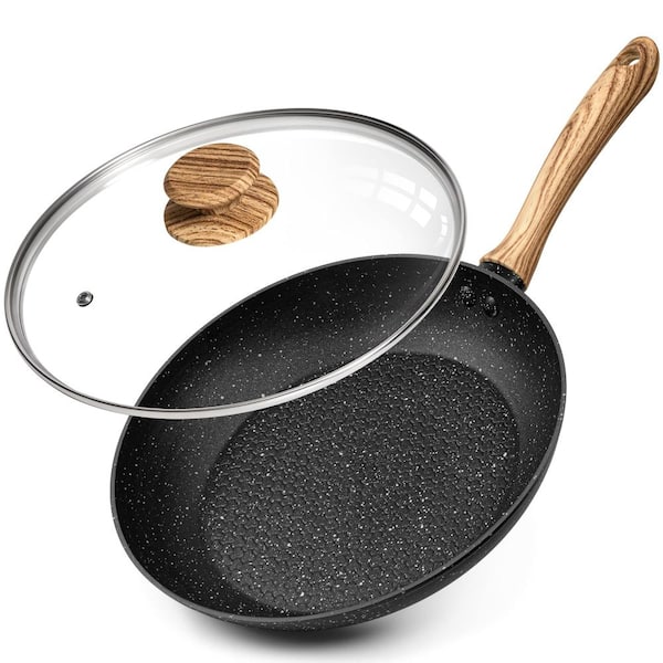 10 in Black Granite Nonstick Frying Pan with Glass Lid, Aluminum, Honeycomb Coating, Induction Compatible