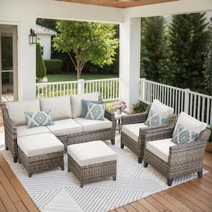 Nyajiah 6-Piece Wicker Patio Conversation Set with Beige Cushions