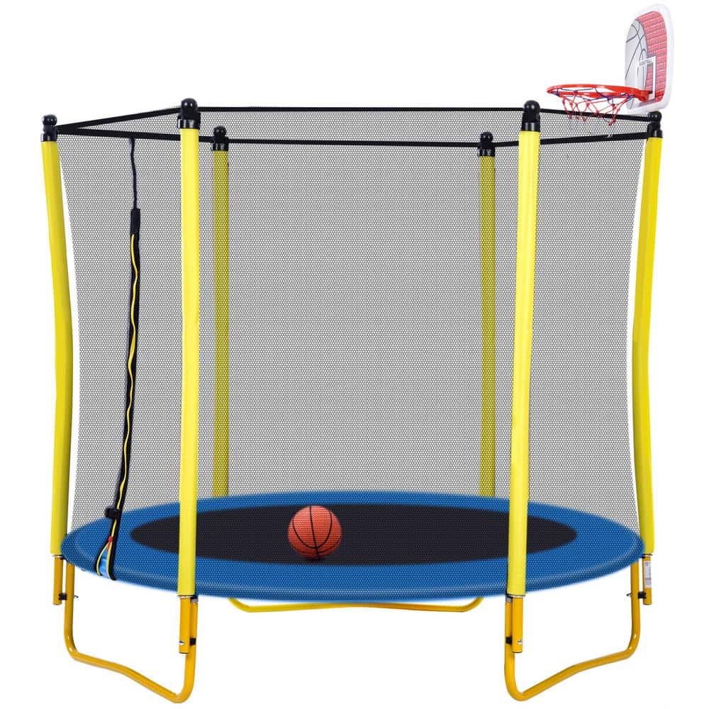 for Kids - 65 in. Outdoor Mini Toddler Trampoline with Enclosure, Basketball Hoop and Ball Included(Yellow) M320310528 - The Home