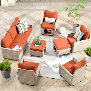 Echo Beige 7-Piece Wicker Multi-Functional Pet Friendly Outdoor Patio Conversation Sofa Set with Orange Red Cushions