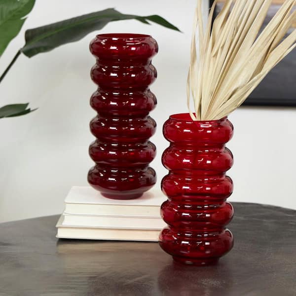 Litton Lane Red Bubble Glass Decorative Vase (Set of 2)