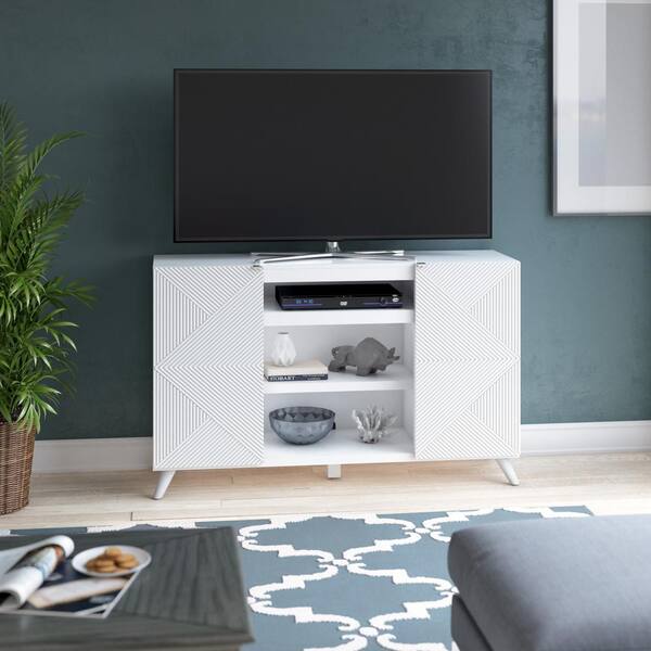 Twin Star Home 55.63 in. Bright White TV Stand with Geometric