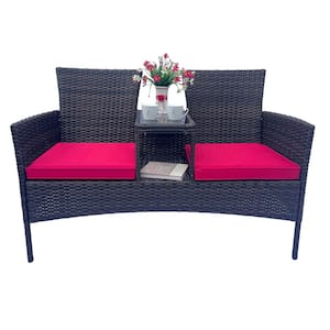 Ergonomic Design 1-Piece Wicker Patio Conversation Set with Removable Cushion and Tempered Glass Table in Red Cushions