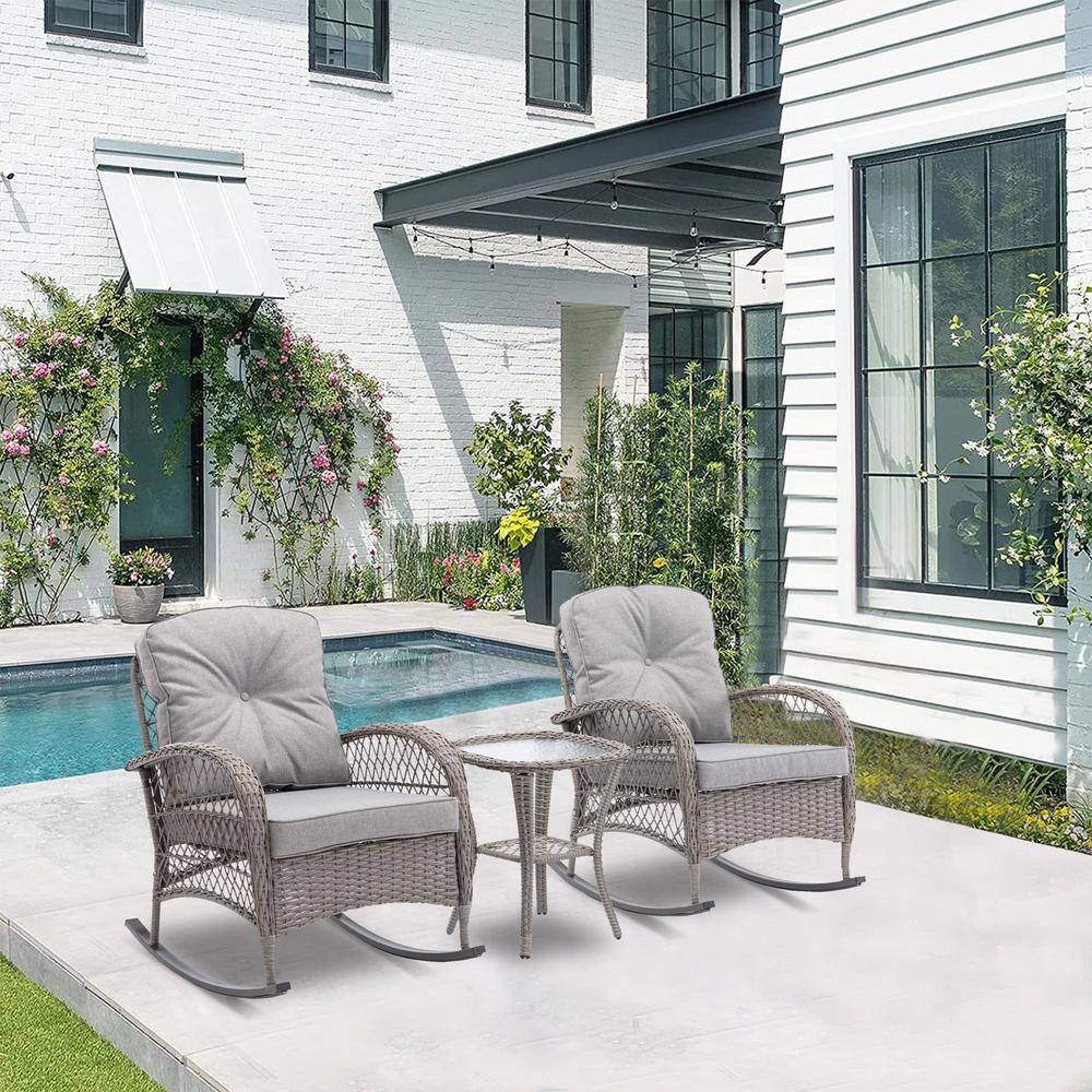 Tunearary Gray 3Piece Wicker Outdoor Modern Furniture Rocking Chair