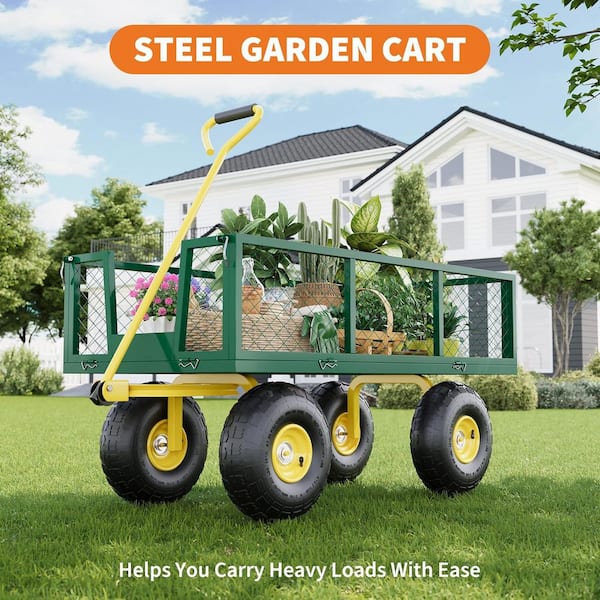 12 cu. ft. 900 lbs. Green & Yellow Steel Garden Cart with 10 in