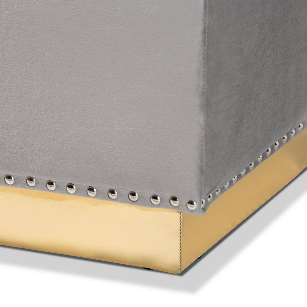 Luxurious Grey Velvet and Gold PU Leather Tufted Storage Ottoman