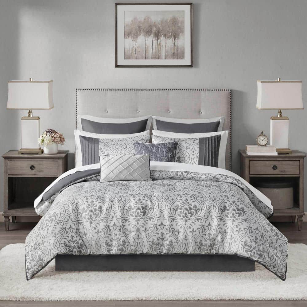 Silver Jacquard Queen Bed in a Bag Set with Microfiber Sheets