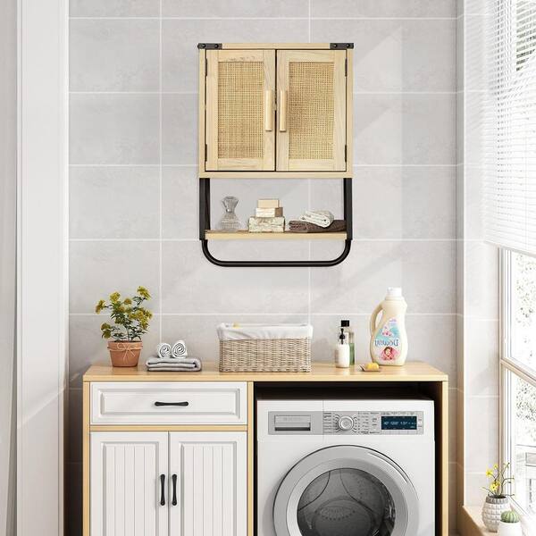 Adrinfly 15 in. W x 7 in. D x 23 in. H in Rattan Wood Ready to Assemble Upper Medicine Cabinet with Adjustable Shelf